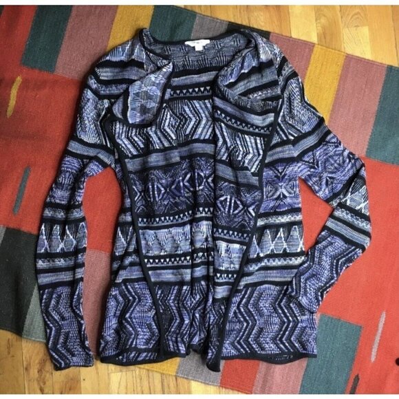 Lucky Brand Lotus Sz S Blue Aztec Open Front Draped Knit Sweater Cardigan Women - Picture 3 of 8